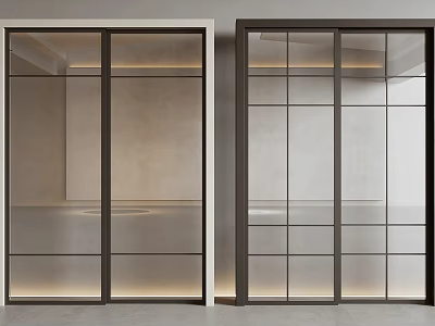 Modern Sliding Glass Doors With Black Frames And Grid Design In Minimalist Interior 3d model