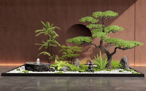 New Chinese Style Courtyard Sketches Indoor Landscape Plants Landscaping Plants Combination Water Pot Flowers Pine Tree Bryophytes Heap 3d model