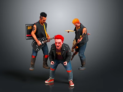 Energetic Punk Band Performing With Lead Singer Red Hair Electric Guitars Black Jacket And Amplifier 3d model