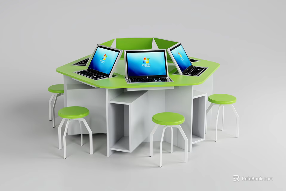School Collaborative Learning Area With Octagonal Green Table Green Stools Laptops And White Cabinets 3d model