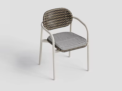 Modern Outdoor Chair With Woven Rattan Back Gray Cushion And White Metal Frame 3d model