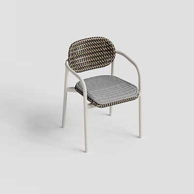 Modern Outdoor Chair With Woven Rattan Back Gray Cushion And White Metal Frame 3d model
