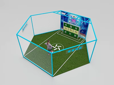 Hexagonal Soccer Field with Blue Frame Green Turf Large Display Screen and Person Playing 3d model