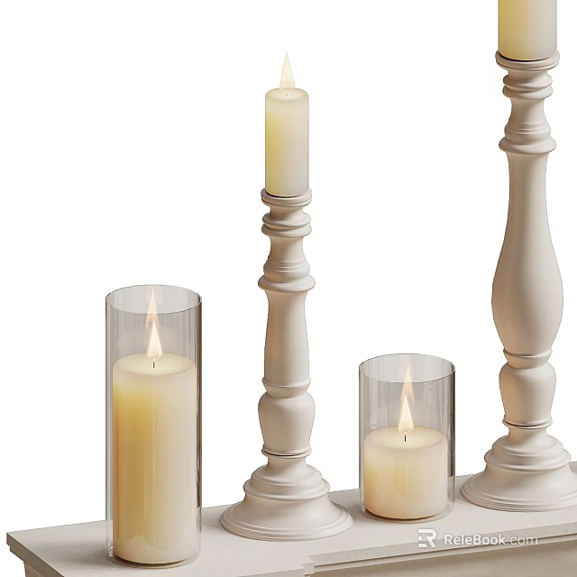 White Pedestal Candle Holders With Tall Columns Glass Shades And Lit Candles Design 3d model 