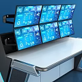 Modern Office Desk With Multiple Monitors White Chair And Cabinet On Blue Background