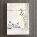 Watercolor Animal Painting of Striped Cat with Large Eyes in Front of Colorful Bookshelf