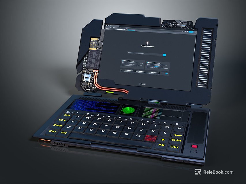 Open Portable Computer With Exposed Internal Components Integrated Keyboard And Screen 3d model 