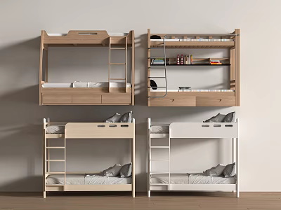 Various Wooden Bunk Beds With Ladder Drawers Bookshelf And Light Wood White Color Designs 3d model