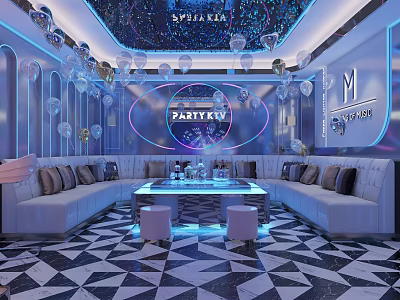 Modern Luxury KTV Party Interior With Sofa Coffee Table Lighting Balloon Decorations And Geometric Floor 3d model