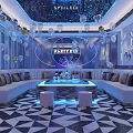 Modern Luxury KTV Party Interior With Sofa Coffee Table Lighting Balloon Decorations And Geometric Floor