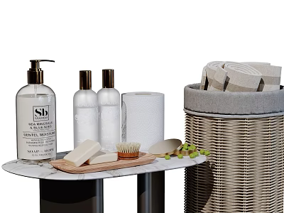 Bathroom Accessories On Marble Countertop With Woven Basket Soap And Lotion Bottles 3d model