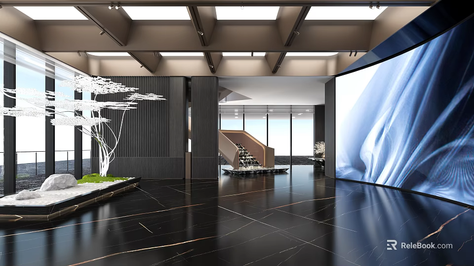 Luxury Modern Front Desk Reception Hall With Exquisite Landscape Decor And Polished Black Marble Flooring 3d model 