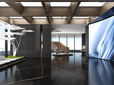Luxury Modern Front Desk Reception Hall With Exquisite Landscape Decor And Polished Black Marble Flooring 3d model