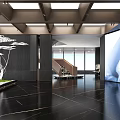Luxury Modern Front Desk Reception Hall With Exquisite Landscape Decor And Polished Black Marble Flooring