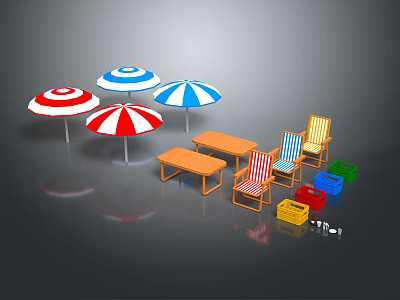Colorful Outdoor Beach Umbrellas Tables Chairs And Storage Boxes Setup 3d model