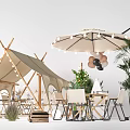 Outdoor Camping Tent With Dining Table Chairs Umbrella And Green Plants