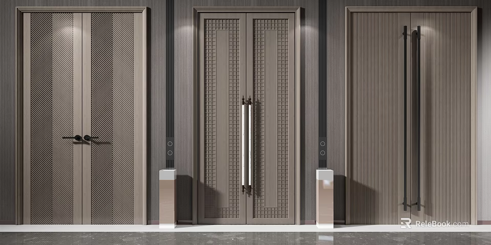 Modern Double Doors Design With Sleek Metal Handles Textured Surface And Dark Tone Interior 3d model 