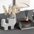 Modern Decorative Ornament Combination with Abstract Sculptures Vases Dried Pampas Grass and Books on Shelf