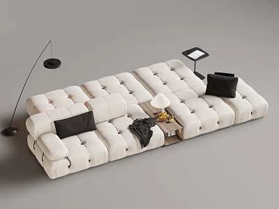 Beige Tufted Sectional Sofa With Black Cushions Floor Lamp And Side Table 3d model