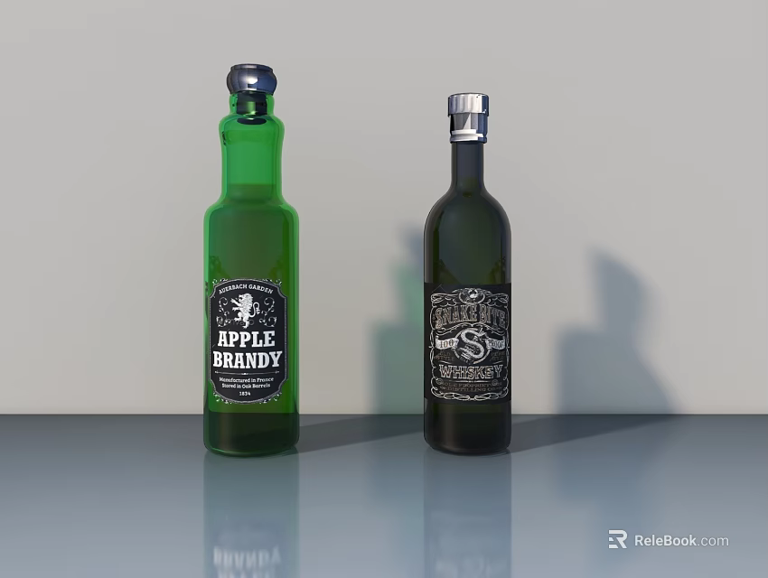 Two Glass Bottles Of Apple Brandy With Distinct Labels On Reflective Surface 3d model 