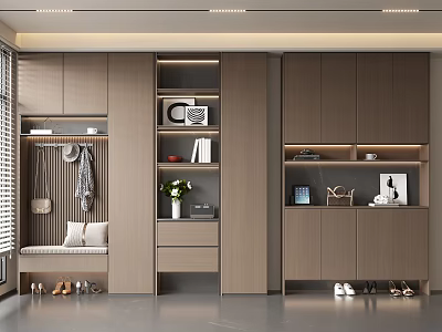 Modern Wooden Shoe Cabinet Interior Design With Storage Shelves Drawers And Decorative Plants 3d model