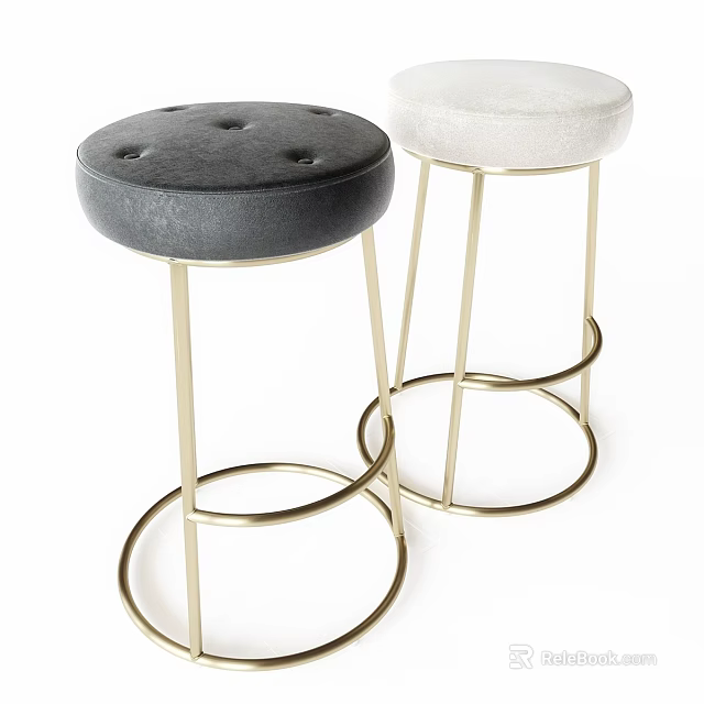Modern Gray And White Tufted Upholstered Stools With Gold Metal Legs 3d model 