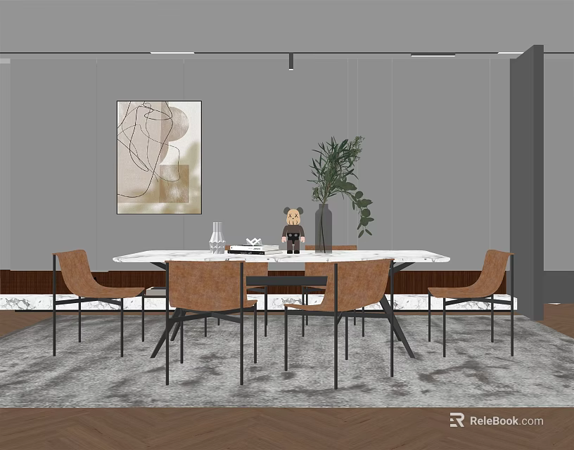 Modern Dining Table Set With Round Table Leather Chairs Potted Plant And Wall Artwork 3d model