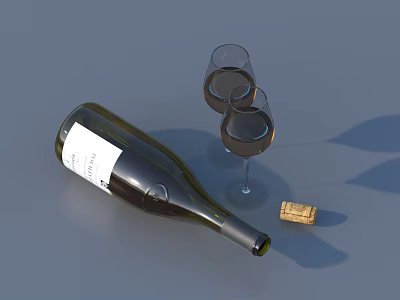Elegant Wine Cabinet Interior With Wine Bottle Two Glasses And Cork 3d model
