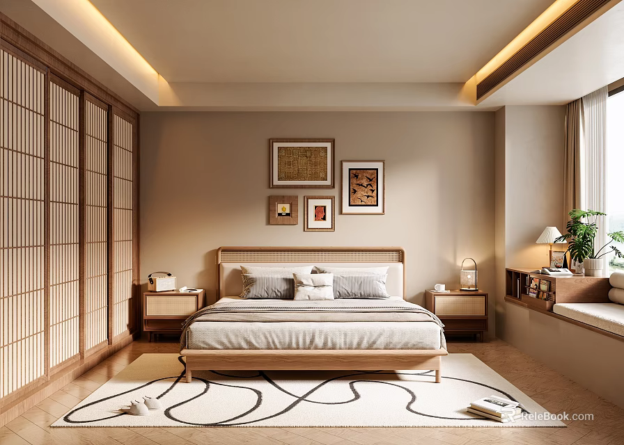 Japanese Style Bedroom Interior With Wooden Bed Frame Nightstands Framed Art And Patterned Rug 3d model 