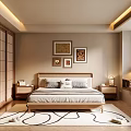 Japanese Style Bedroom Interior With Wooden Bed Frame Nightstands Framed Art And Patterned Rug