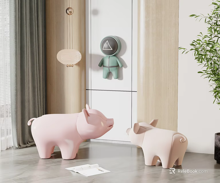 Decorative Ornament Set With Pink Pig And Rhino Figurines Indoor Wall Decor And Green Plant 3d model 