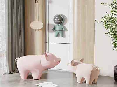 Decorative Ornament Set With Pink Pig And Rhino Figurines Indoor Wall Decor And Green Plant 3d model