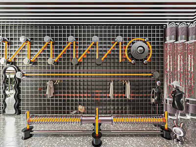 Industrial Clothing Store Interior With Metal Racks Grid Walls And Clothing Displays 3d model