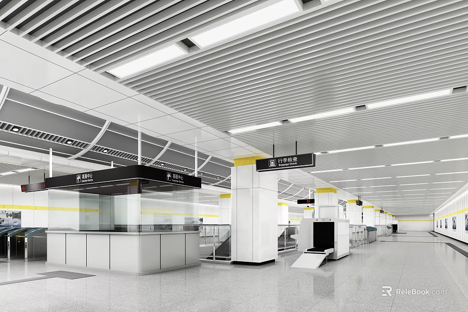 Modern Subway Station Interior With Metal Grid Ceiling White Pillars And Security Checkpoints 3d model 