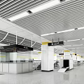Modern Subway Station Interior With Metal Grid Ceiling White Pillars And Security Checkpoints