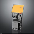 Gray Vending Machine With Yellow Illuminated Top And Coin Insert Slot Design