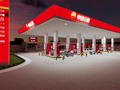 China Petroleum Gas Station With Red Canopy Petrol Pumps And Vehicles Refueling At Night 3d model