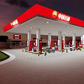 China Petroleum Gas Station With Red Canopy Petrol Pumps And Vehicles Refueling At Night
