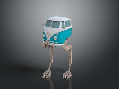 White And Blue Volkswagen Van Robot Creature With Mechanical Legs Design 3d model