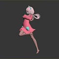 Stylish Woman With Pink Hair And Blue Bows Dancing In Pink Dress On Gray Background
