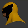 Yellow and Black Superhero Mask Head Sculpture with Detailed Facial Features on Dark Reflective Background