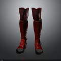 Knee High Red Boots With Textured Material Metallic Toe Caps And Buckle Details