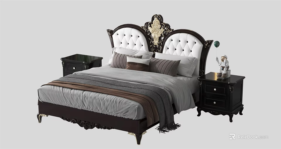 Elegant Classic Double Bed With Tufted Upholstered Headboard Decorative Pillows And Striped Bedspread 3d model 