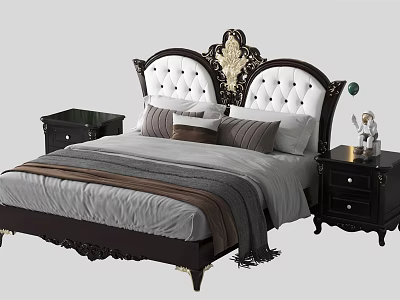 Elegant Classic Double Bed With Tufted Upholstered Headboard Decorative Pillows And Striped Bedspread 3d model