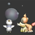 Cute Cartoon Characters Playing With Large Transparent Bubble And Small Bubbles On Black Background 3d model