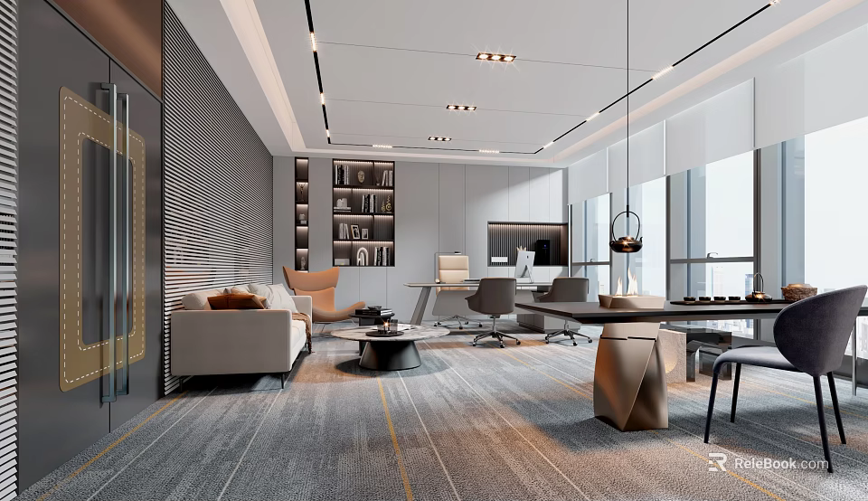 Modern Office Interior With Comfortable Sofa Chairs Bookshelves And Large Windows 3d model 