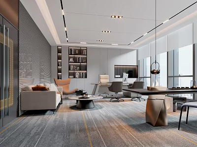 Modern Office Interior With Comfortable Sofa Chairs Bookshelves And Large Windows 3d model