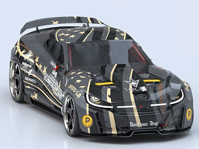 Black Tangyue Racing Car With Gold Star Patterns And Decorative Stripes 3d model