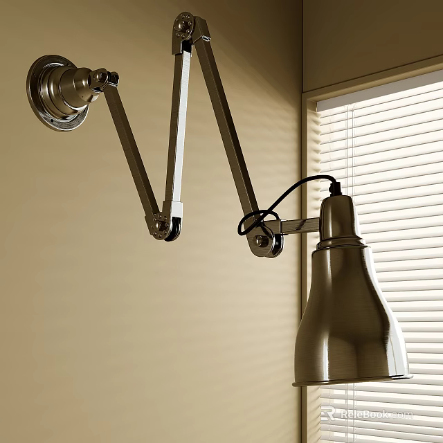Metal Wall Sconce With Adjustable Arm Near Window With Blinds 3d model 