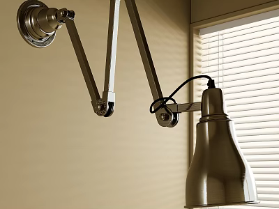 Metal Wall Sconce With Adjustable Arm Near Window With Blinds 3d model